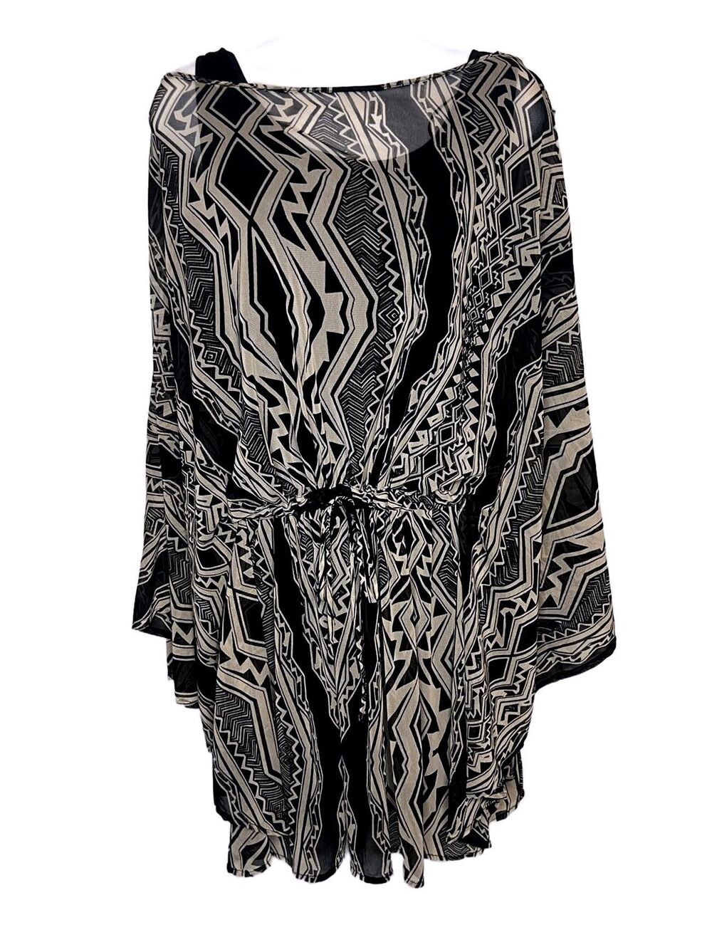 NWT Vertigo Geometric Sheer Kaftan Tunic Top Black Beige Drawstring Womens XL